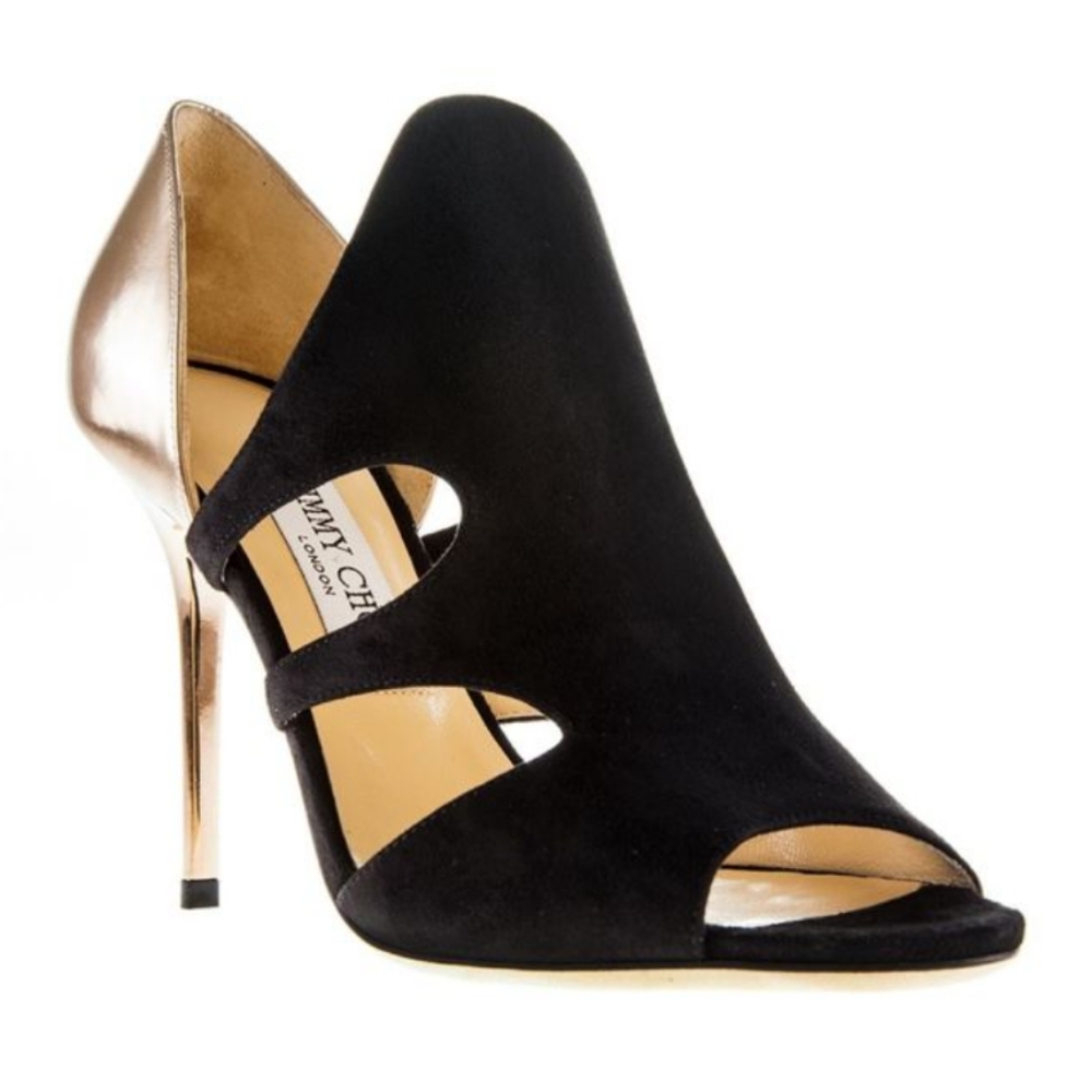Jimmy Choo Tarine WITH BOX Suede Cutout Bootie Sandal, Black/Mirrored Nude 38.5 - Picture 7 of 16